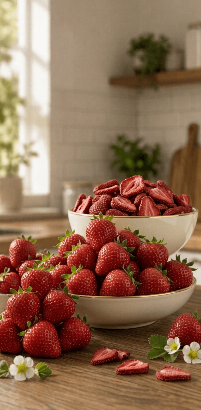 Vivid red dehydrated strawberry slices